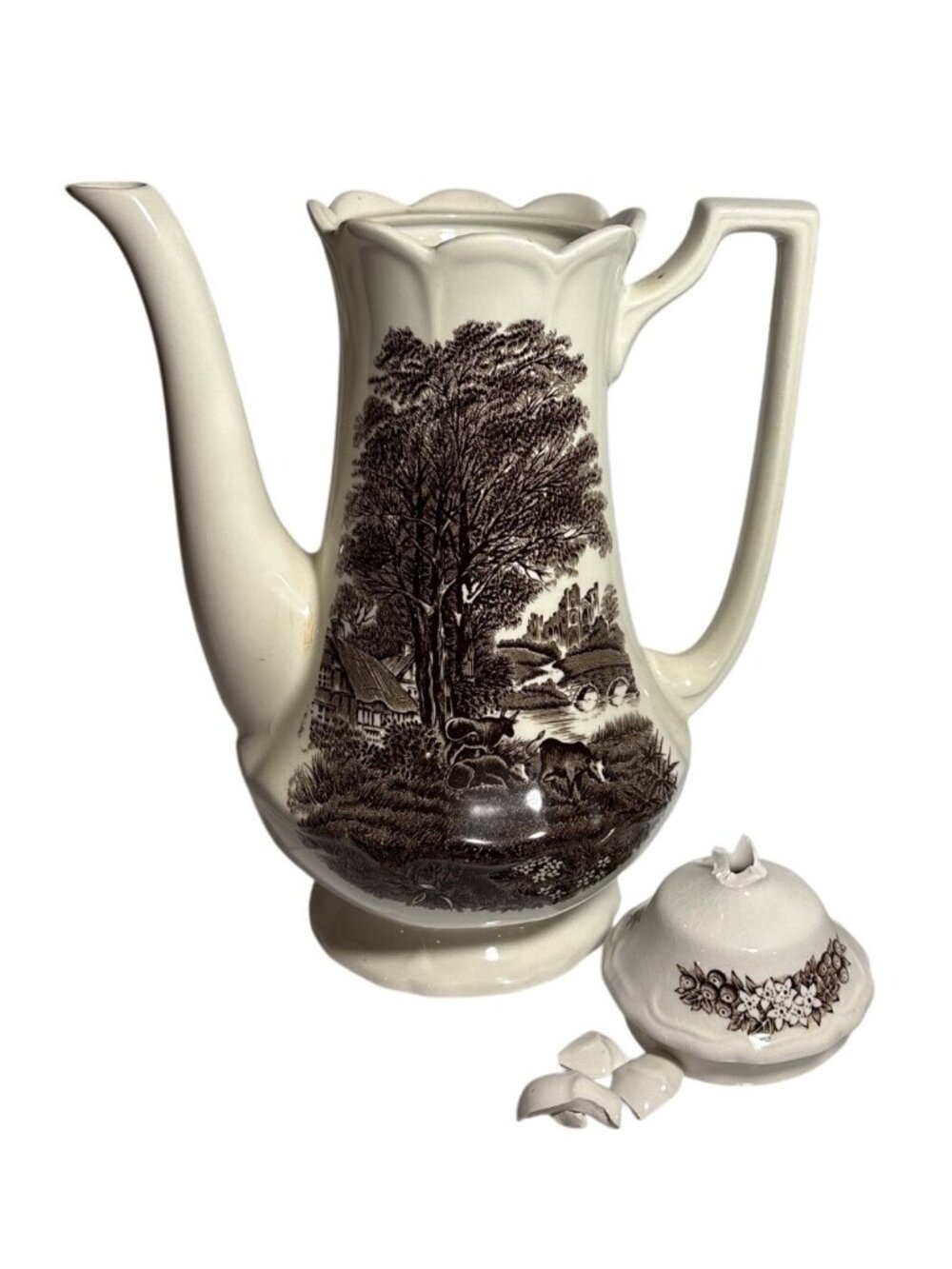 J & G Meakin Brown Transferware Teapot Romantic England Cows Ironstone Broken Li
